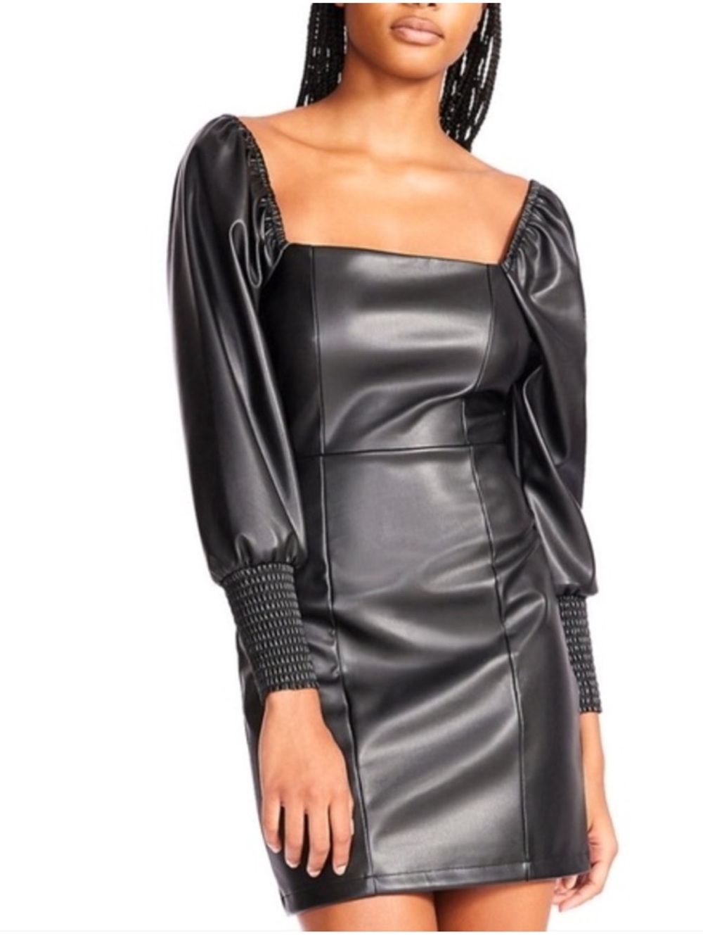 Betsey Johnson Faux Leather Ruched Puff Sleeve Square Neck Mini Dress